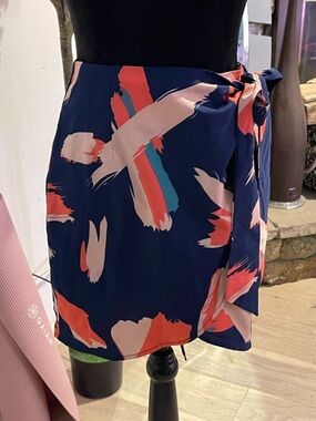 Lulu's Navy Wrap Mini Skirt with Coral, Blush & Teal Brushstrokes